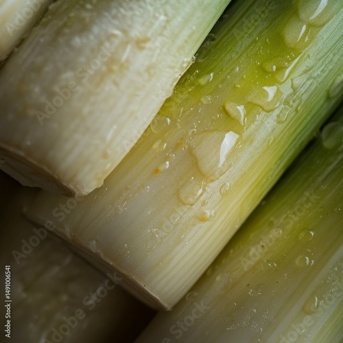 fresh leek with water droplets macro closeup, food background