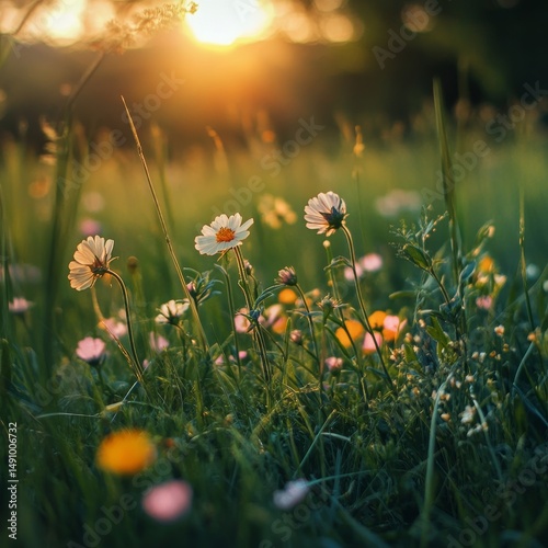 Beautiful daisies in the meadow at sunrise. Vintage style.