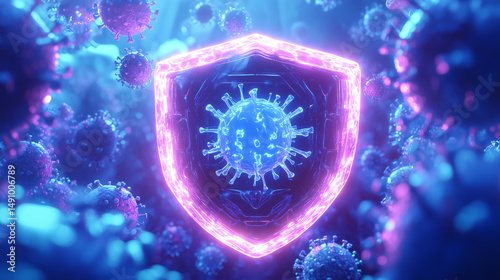 Virus protection concept with a glowing shield. Generative AI