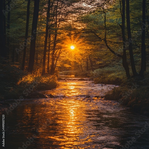 Sunset in the forest with a river flowing through the forest.