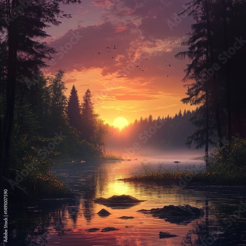 Foggy morning on the lake. Vector illustration. Eps 10