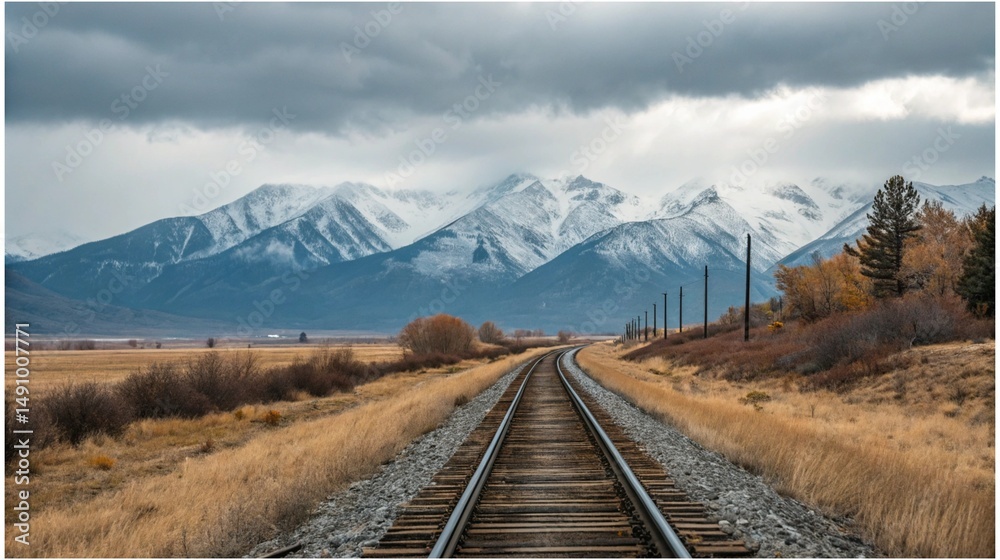 Fototapeta premium Railway Tracks Through Mountain Landscape Under Cloudy Sky