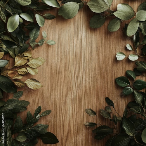 Wooden background with green leaves and copy space for your text.