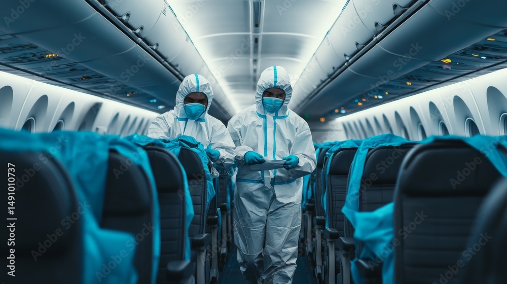 Fototapeta premium Airplane Cleaning Crew in Protective Gear