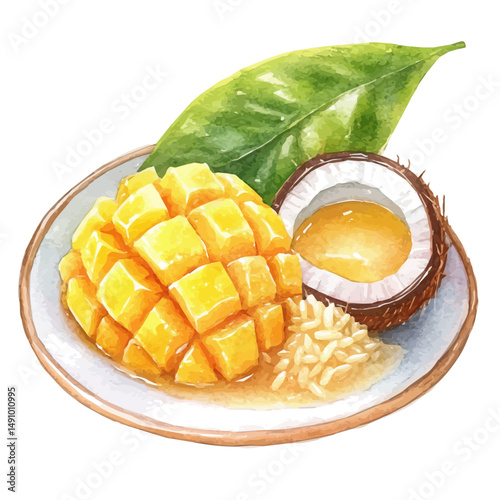 Mango Sticky Rice Dessert With Coconut Milk, watercolor painting vector, high quality, isolated on a white background.