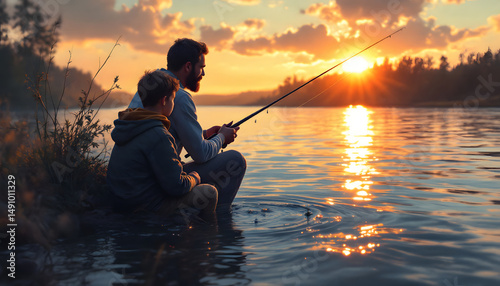 A father and son fishing by the lake during a stunning sunset, creating a peaceful scene.