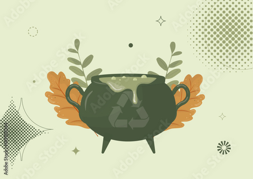 Eco-Friendly Cauldron with Recycling Symbol Illustration. green cauldron with bubbling potion and recycling emblem. Eco-friendly halloween concept. Flat style. Vector illustration