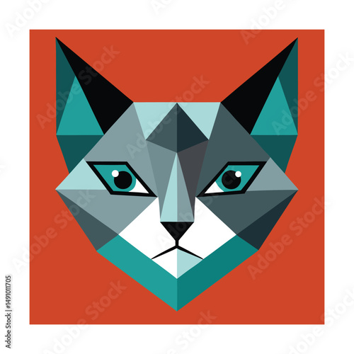 Geometric abstract cat portrait with turquoise and gray tones on a vivid orange background