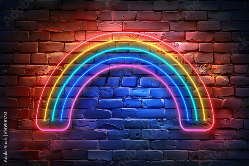Neon rainbow on brick wall