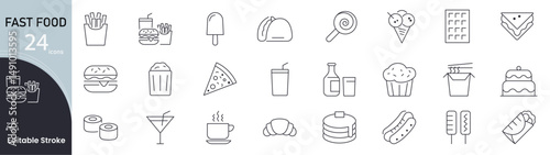 Fast Food icon set. Quick meal and snack related line icons: burger, fries, pizza, soda, sandwich, hot dog, taco, takeaway, fast dining and more. Editable stroke. Vector illustration.