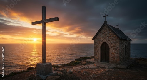 Seaside Chapel and Cross at Sunset, A Serene Coastal Landscape
