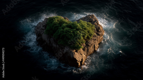 Heart-shaped island with lush forest and ocean reflection
