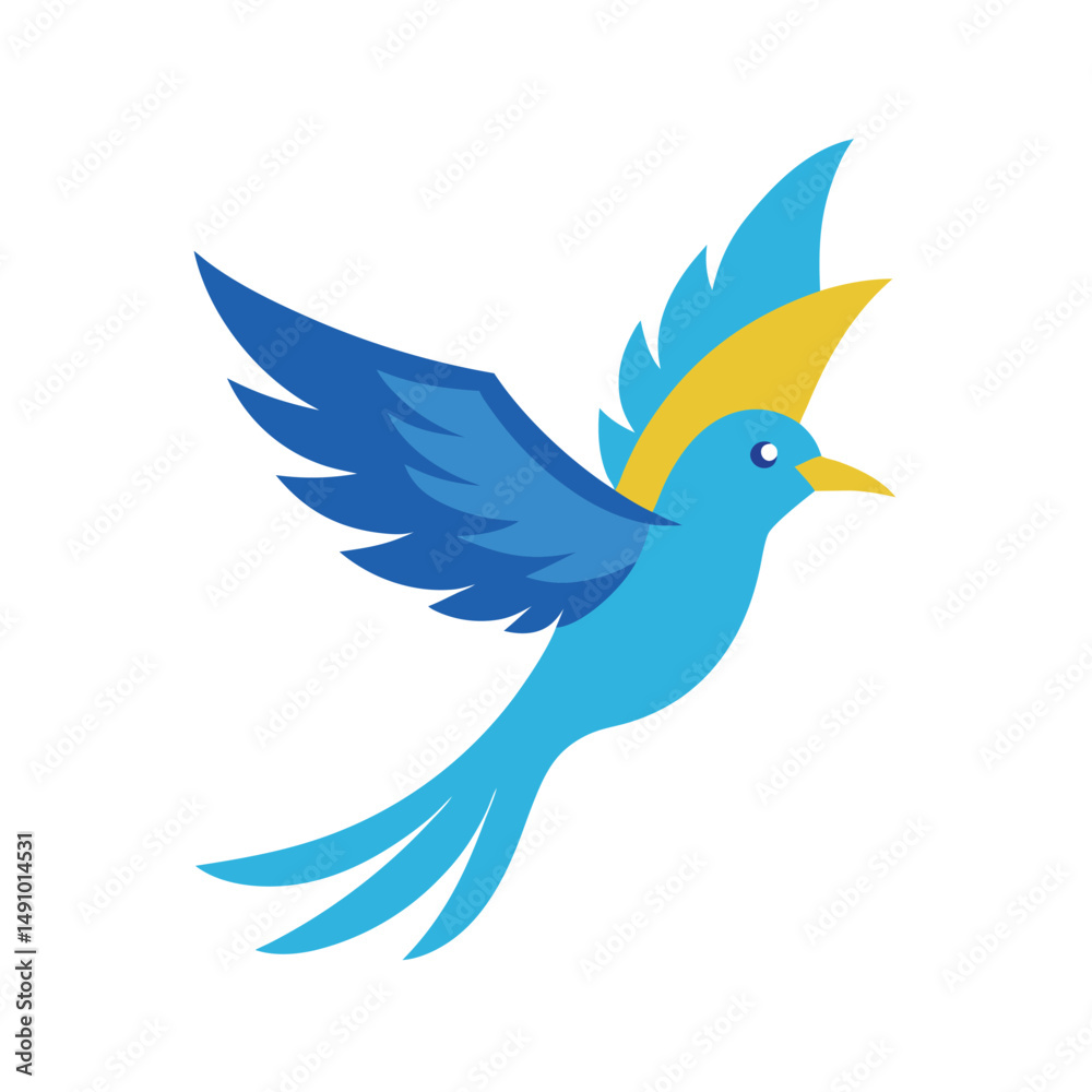 Fototapeta premium Colorful illustration of a vibrant blue bird flying in mid air on a white background