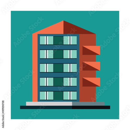 Modern residential building illustration with apartment balconies and windows on teal background