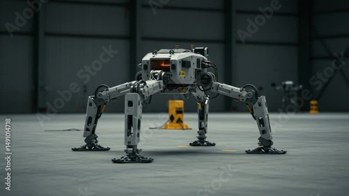 Hexapod Robot Standing Still in Large Empty Warehouse