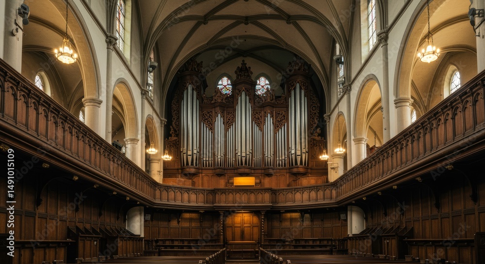 Obraz premium Interior view of a grand old church with a prominent pipe organ