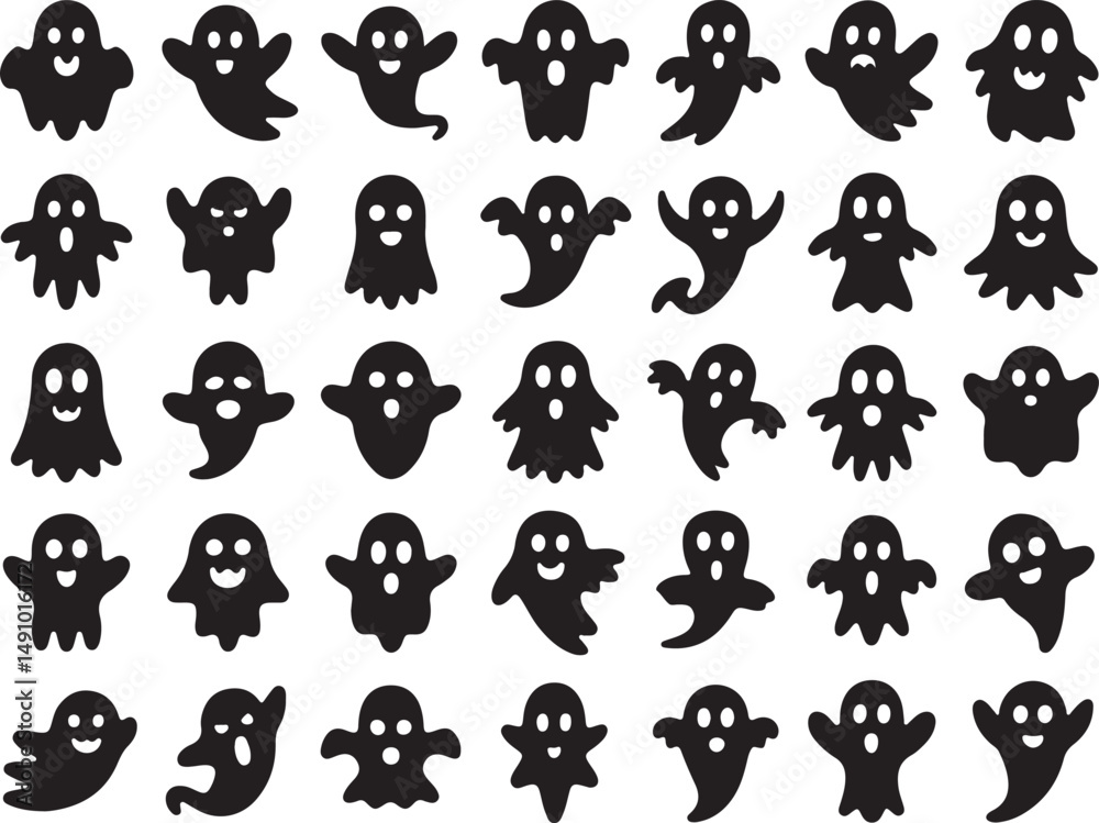 Obraz premium Spooky Ghost Icons, Black Silhouette Collection with Transparent Background, Halloween