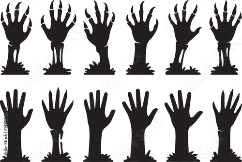 Silhouette Zombie Hands Raising Claws Grim Gestures on Transparent Background