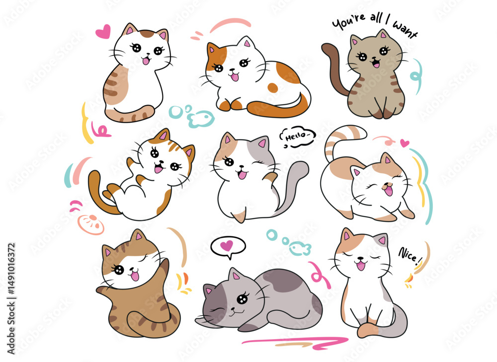 Fototapeta premium Vector illustration, adorable and happy kittens, ideal for printing, posters, dedications, screen printing, posters, birthdays, etc.