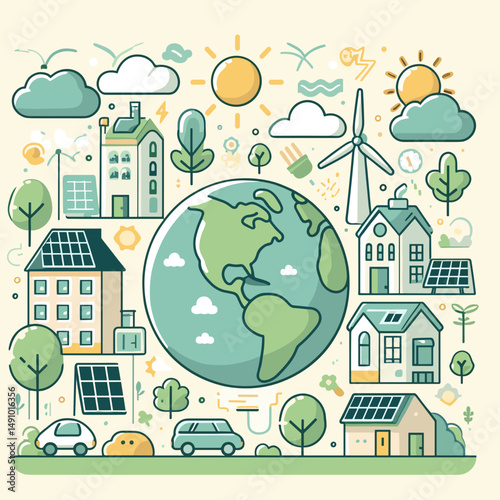 Eco-friendly cityscape with Earth, renewable energy, and sustainable buildings, colorful illustration