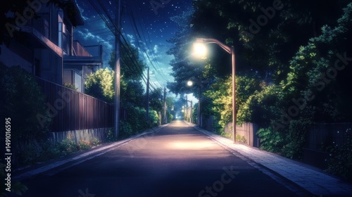 Serene cityscape illustration with radiant lamplight bathing the dark street