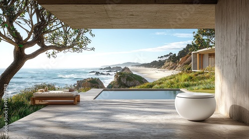 Coastal patio view with modern toilet