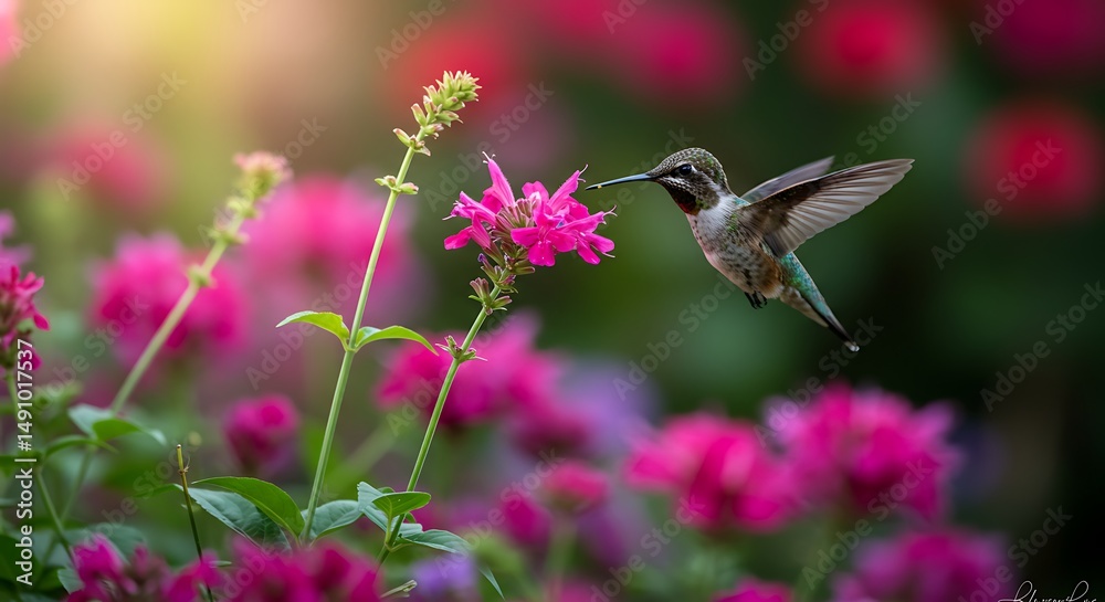 Naklejka premium Hummingbird on pink flowers