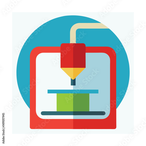 Conceptual illustration of a modern 3d printer in flat design within a blue circle