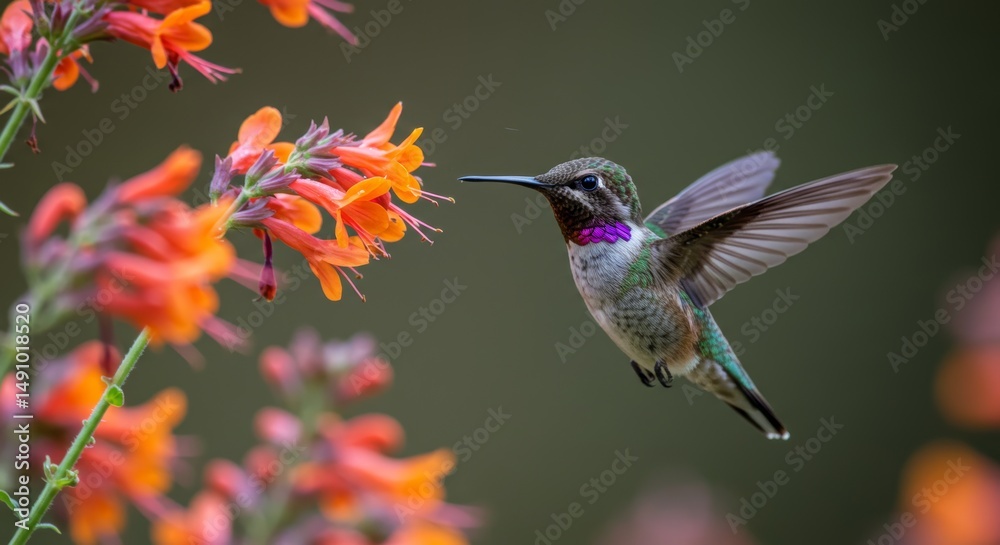 Fototapeta premium Hummingbird in flight approaching vibrant orange flowers for nectar
