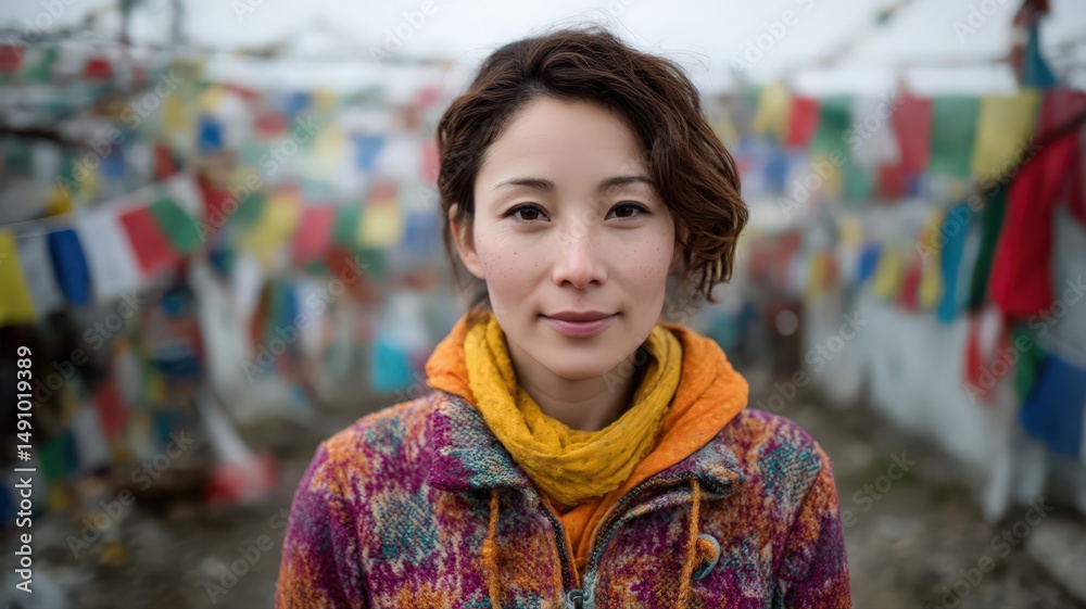 Portrait of a Young Nepalese Woman in a Colorful Wool Jacket Surrounded by Vibrant Prayer Flags Portrait of a Young Nepalese Woman in a Colorful Wool Jacket Surrounded by Vibrant Prayer Flags