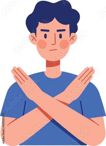 A person with blue curly hair, wearing a blue short-sleeve shirt, with arms crossed in an "X" shape in front of their chest.