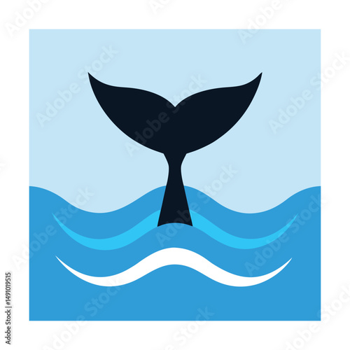 Silhouette of a whale tail emerging from ocean waves in a simple vector design
