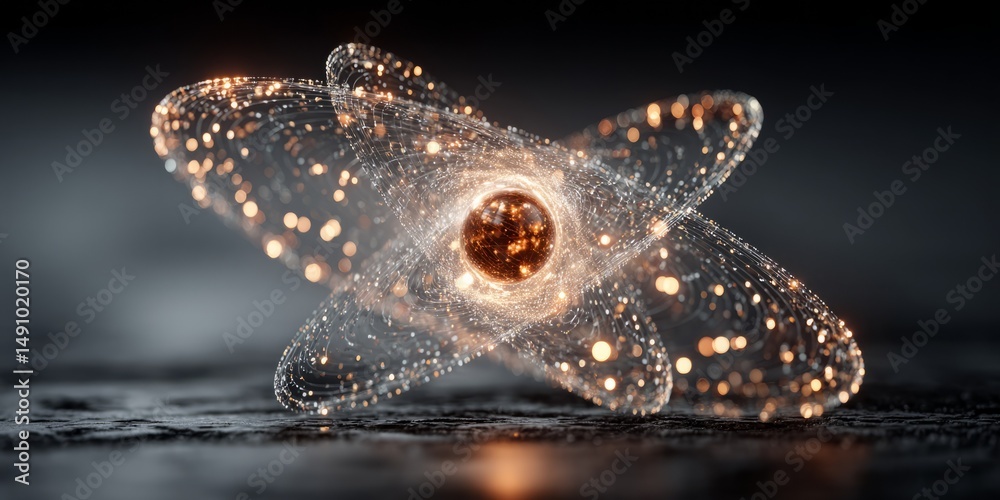 Fototapeta premium Glowing atom with dynamic orbiting particles and bright trails in a futuristic scientific visualization