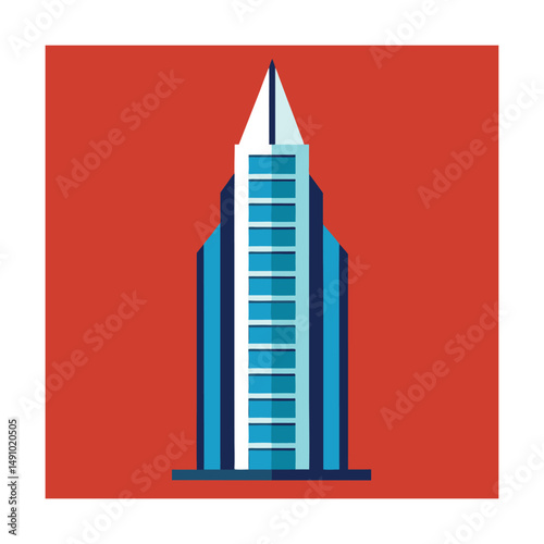 Modern blue and white skyscraper building against a vibrant red background graphic illustration
