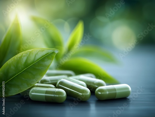 Green tea extract capsules arranged with fresh tea leaves, promoting a healthy lifestyle, organic food, nutrition, and wellness