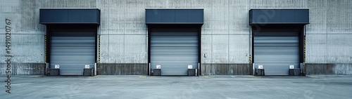 Panel kuchenny z motywem Three closed loading docks on a concrete building exterior.