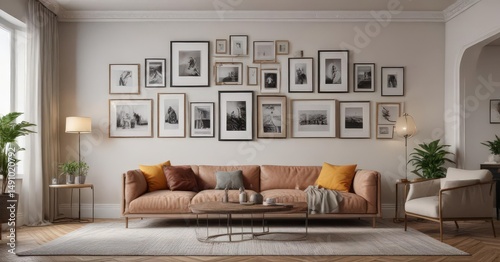 Stylish living room with eclectic gallery wall featuring empty picture frames and wall art, geometric, metal