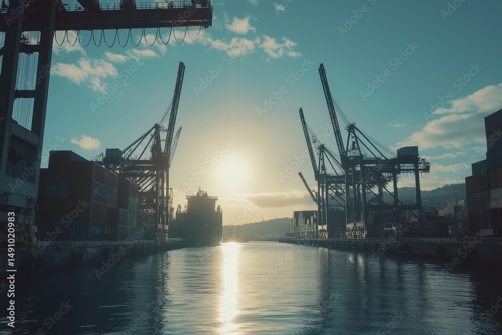 Fototapeta premium Container terminal operations at sunset highlighting industrial activity and cargo logistics