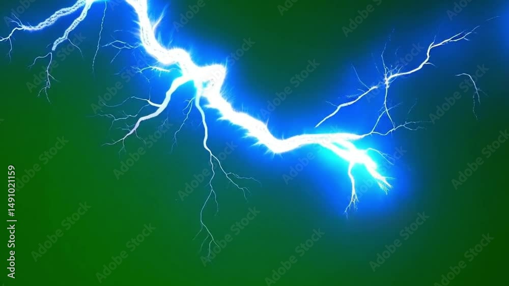 Intense Realistic Animation of Jagged Electric Blue Lightning Bolt Striking Diagonally Across a Vivid Full Flat Green Screen Background with Powerful Energy and Illumination Intense Realistic Animation of Jagged Electric Blue Lightning Bolt Striking Diagonally Across a Vivid Full Flat Green Screen Background with Powerful Energy and Illumination