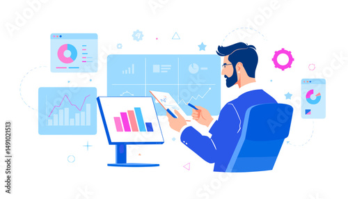 Businessman analyzing data on a computer, creating charts and graphs, modern illustration