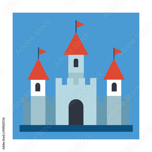 Flat design illustration of a medieval castle with towers flags and a blue sky background