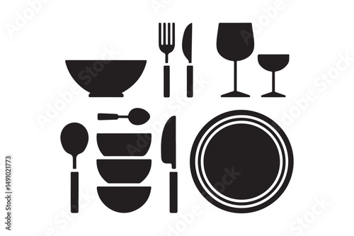 Kitchen Utensils Silhouette Vector Tableware, Cutlery, and Dishware Icons