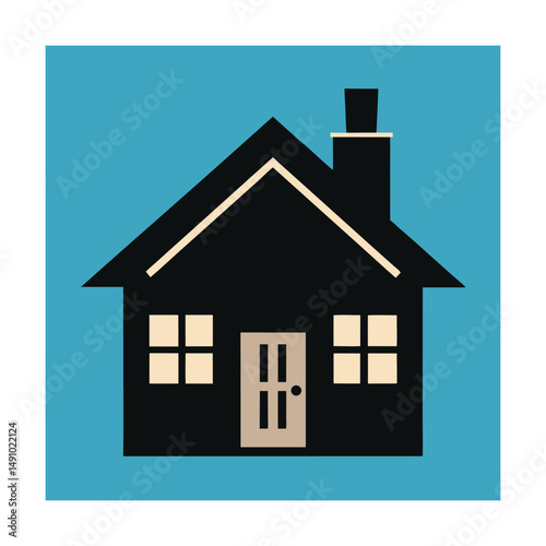 Simple illustration of a charming black house with a chimney and white windows on a blue background.