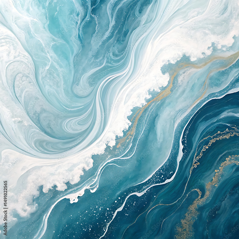 Fototapeta premium Abstract fluid marble background in blue and white tones, wave-like patterns, soft glossy finish