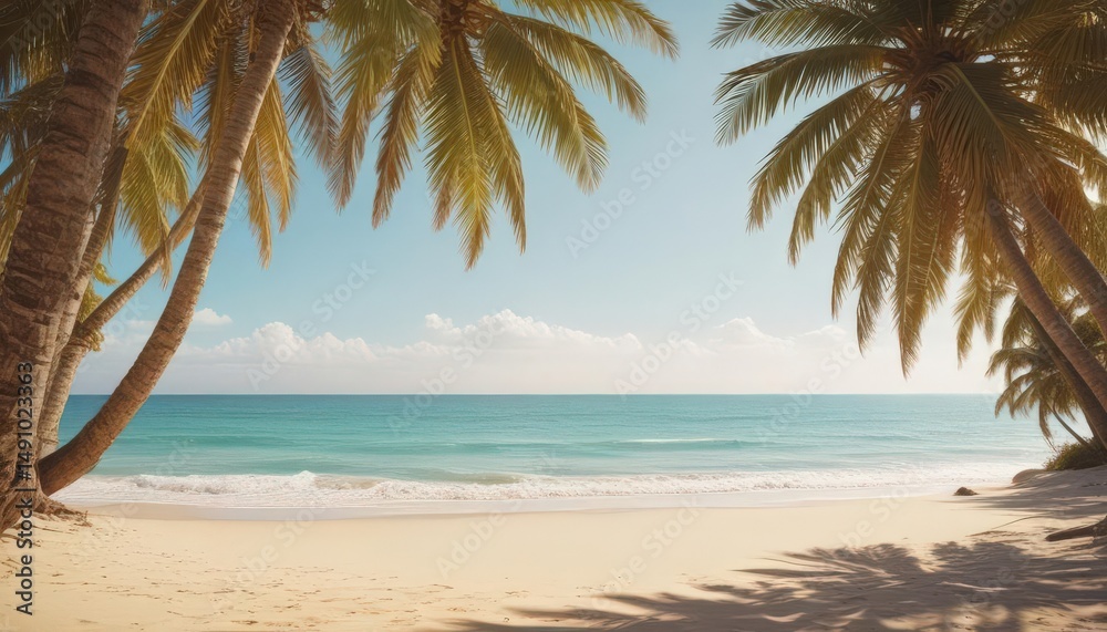 Fototapeta premium Sun-drenched palm trees arch over pristine sandy beach; vintage film grain , palm trees, beach scene, sandy