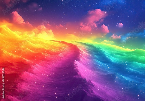 Rainbow waves flowing in the sky, colorful background