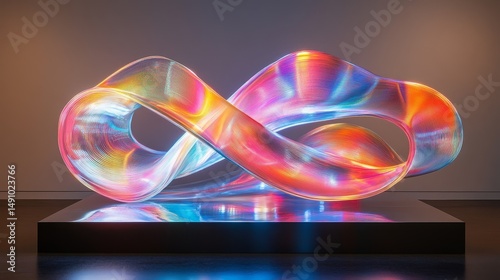 Intricate, luminous, abstract sculpture on a modern pedestal.
