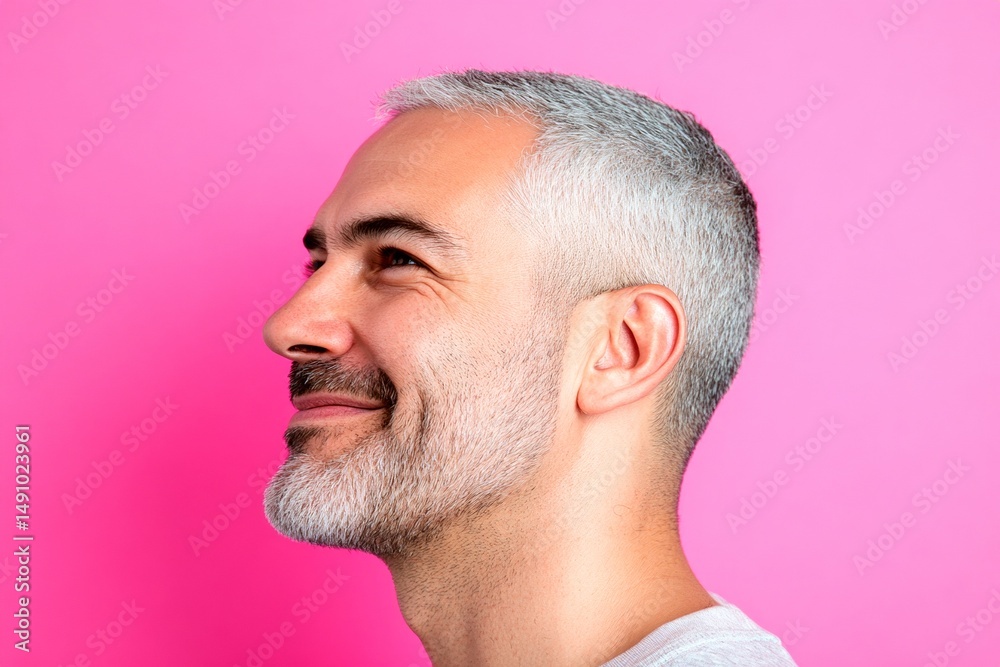 Obraz premium Idea of style for aging men. Pink solid background. A glowing man radiating happiness and confidence. Trendy men's buzz cut haircut - midlife arabian man with short hair.