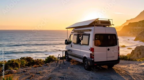 White Camper Van At Sunset Beach Landscape
