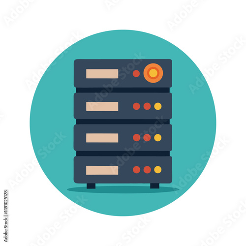 Flat design illustration of a modern server rack inside a teal circle for data storage.